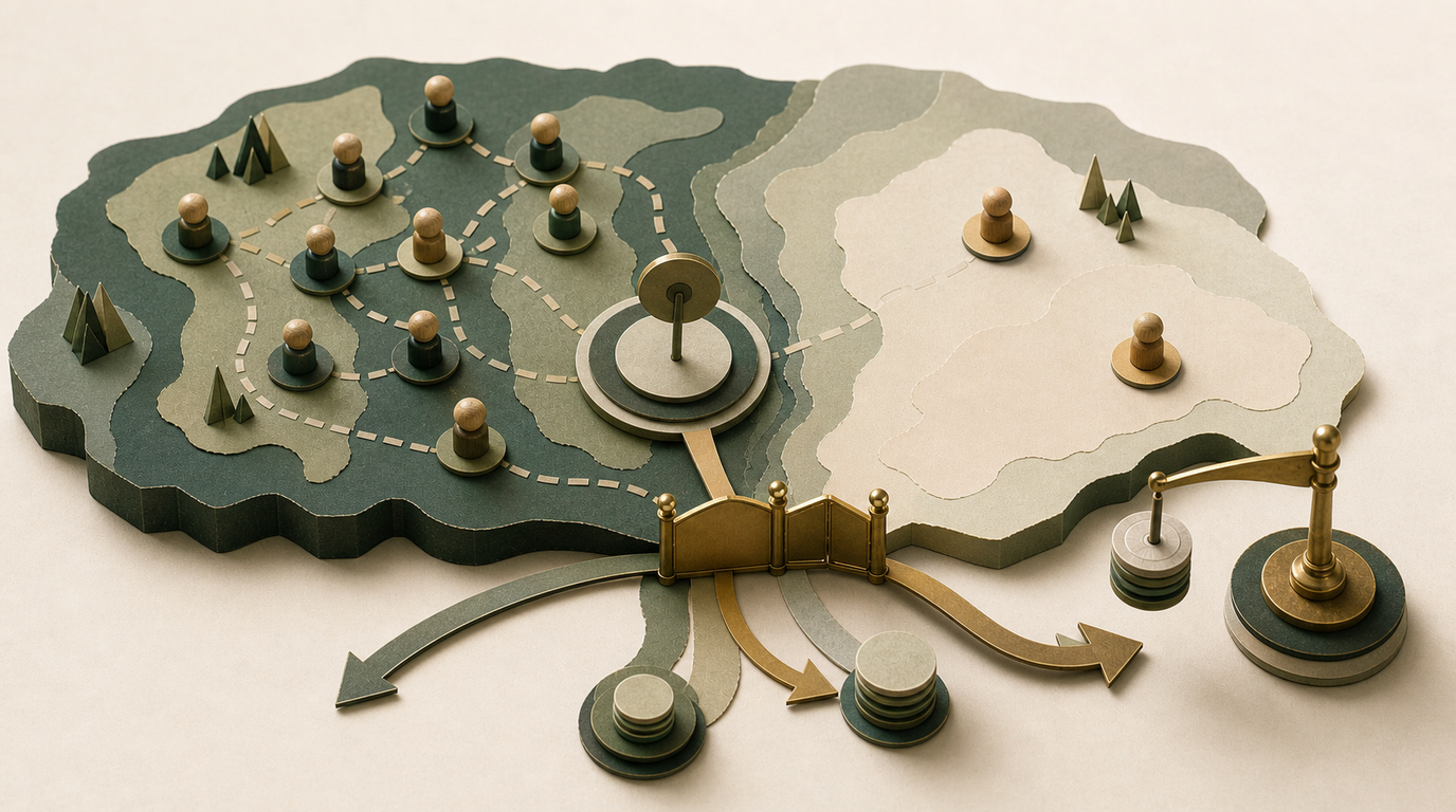 A paper territory map shows a quota target, uneven account coverage, and a payout mechanism pointing toward the sparse side.