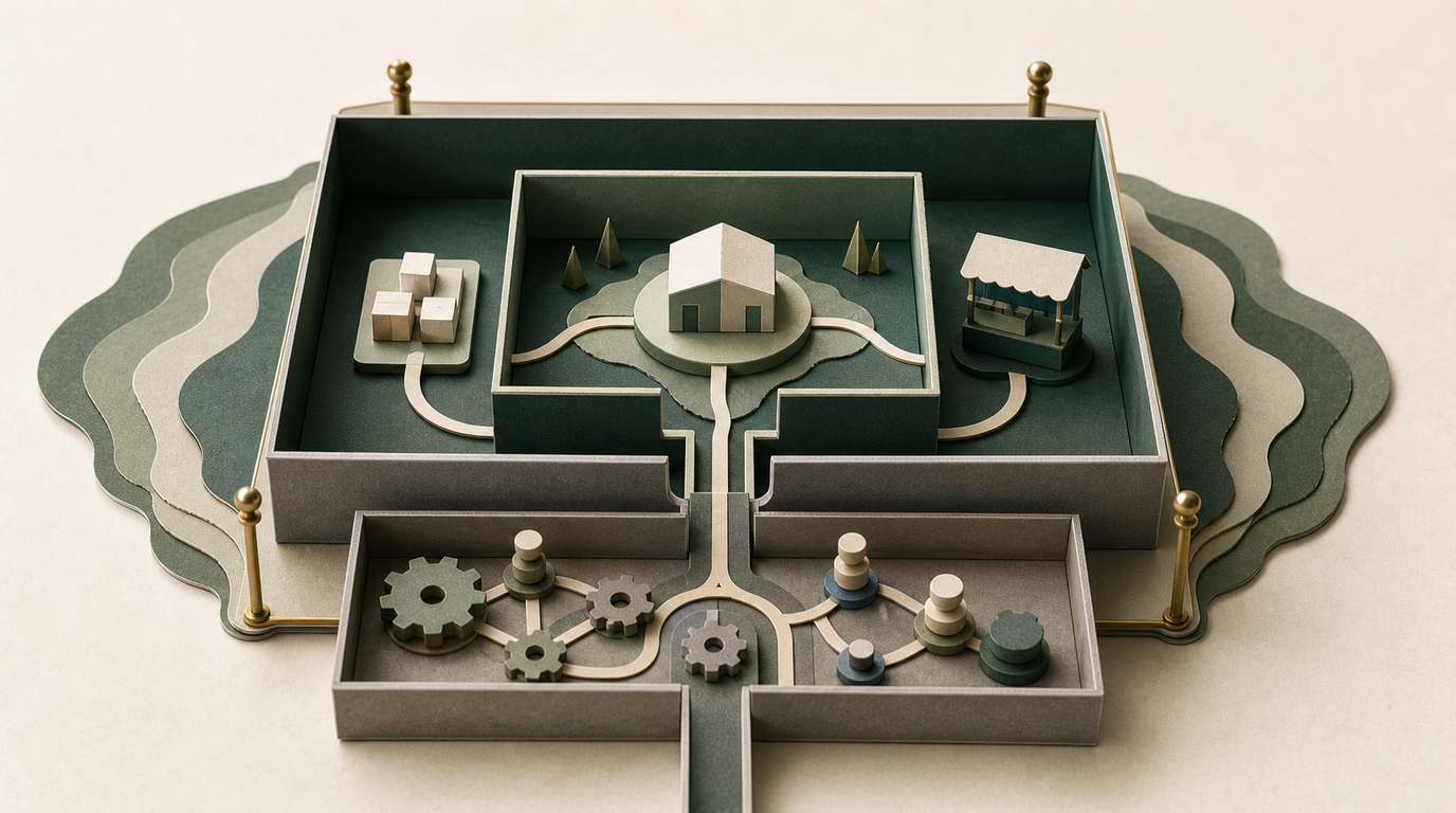 Nested paper boxes separate order, customer, market, and shared-capacity cost objects inside a customer P&L boundary.