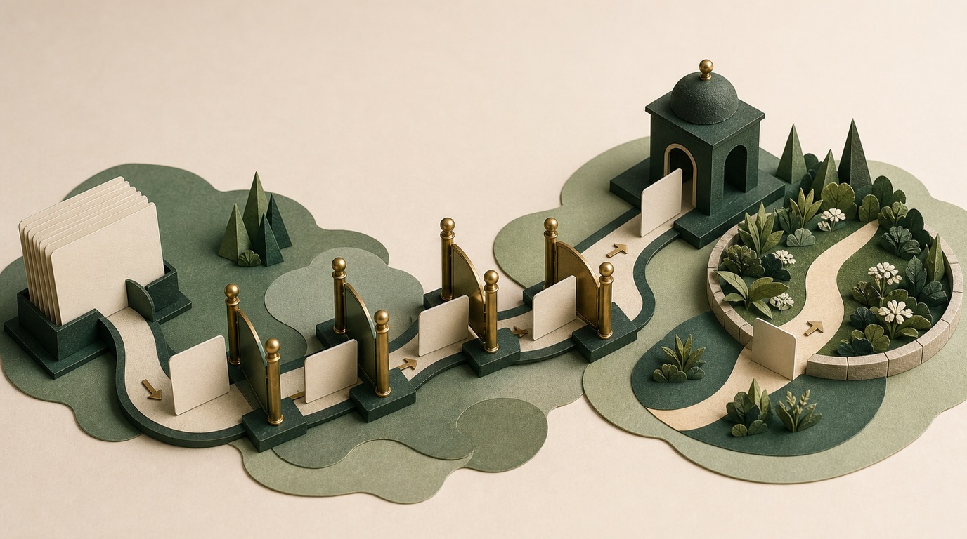 Blank deal cards move through selective paper gates toward an outcome garden