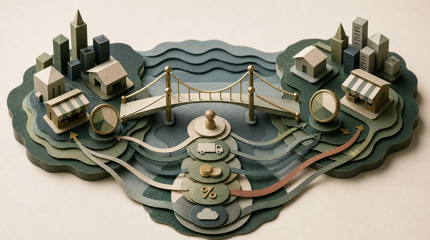A paper bridge connects two markets while separate layers change the realized economics of one price policy.