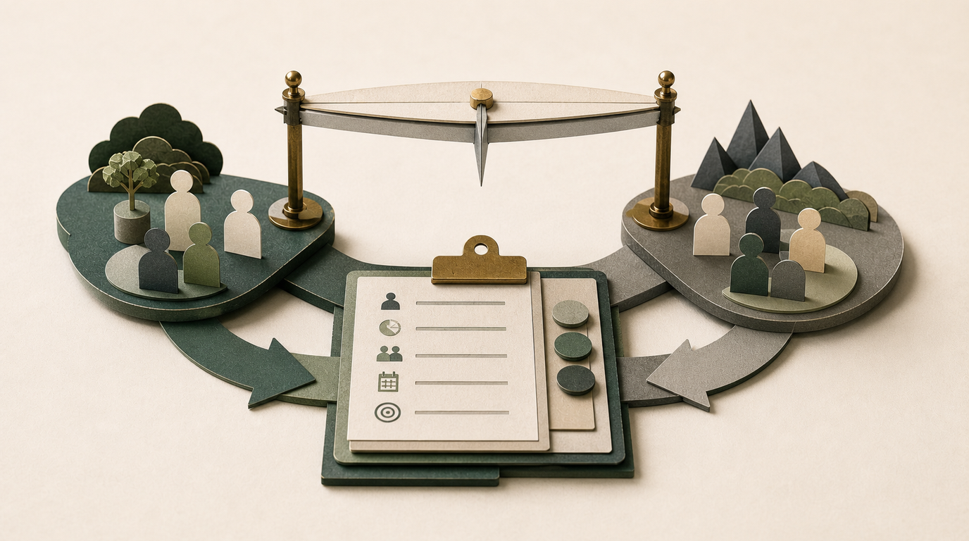 A paper balance separates treatment and counterfactual while a specification sheet defines the uplift comparison.