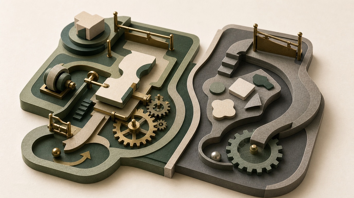 A fitted paper shape activates a mechanism of ramps, steps and gears while decorative tiles sit apart.