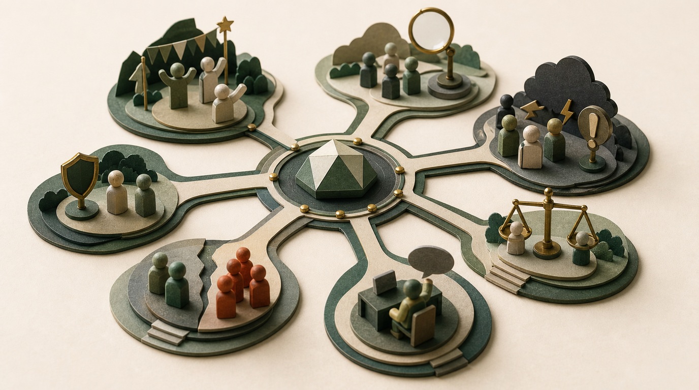A handmade paper game world sends seven paths into a shared arena around a geometric brand token.