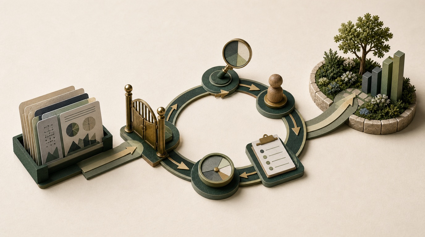 Source cards move through a decision gate into an accountable review loop and an outcome garden