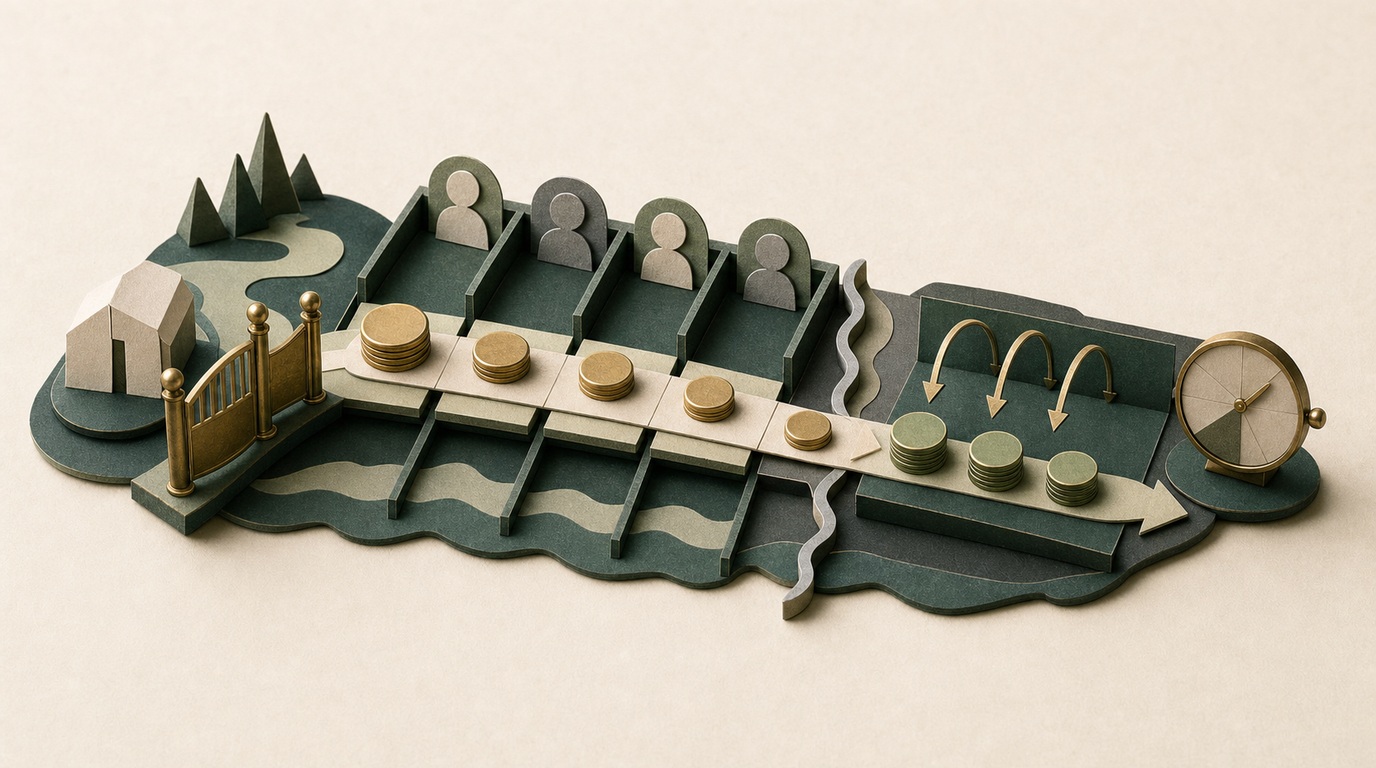 Brass coins cross calendar steps from an acquisition gate toward a contribution stream