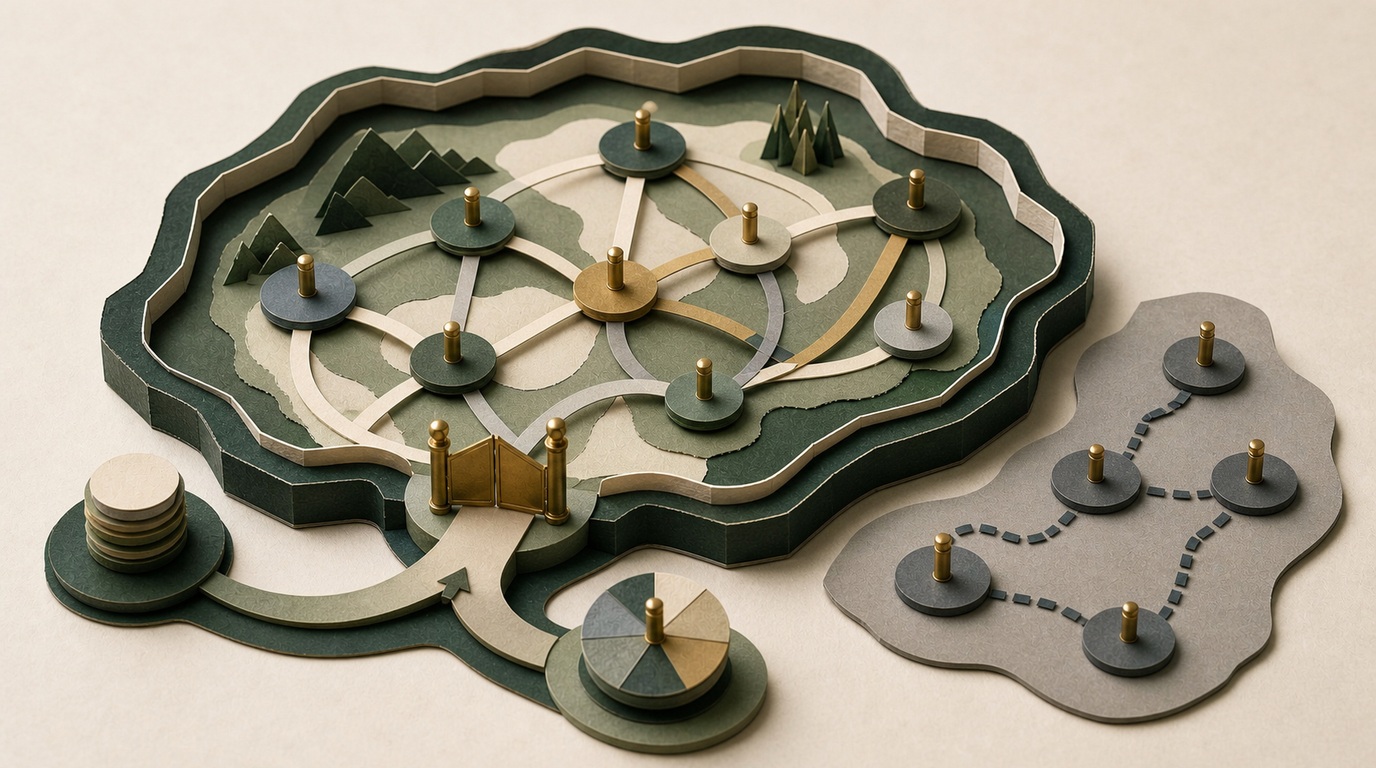 Layered paper case boundary with multiple evidence paths and a separate rival-explanation field.