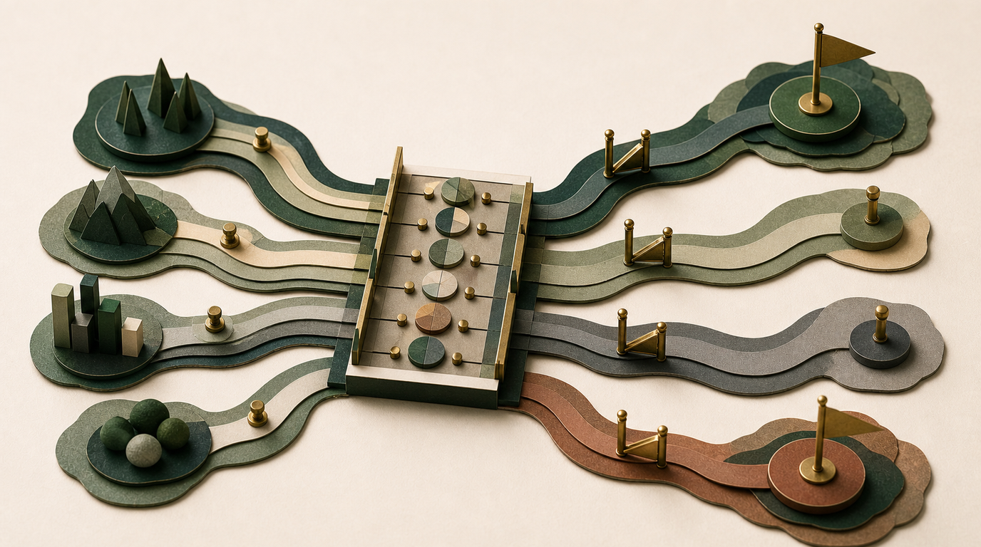 Separate conflict paths cross a paper channel ledger, showing different outcomes and thresholds.
