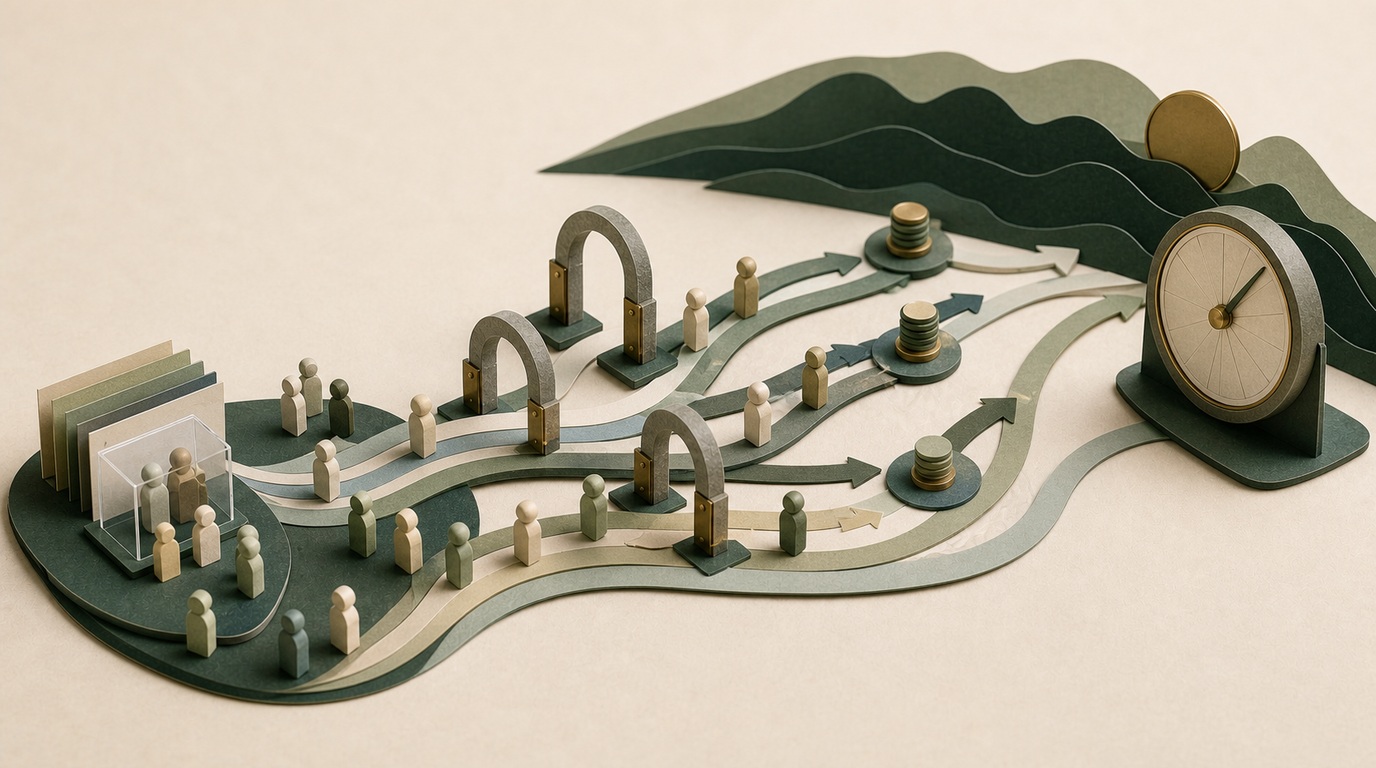 Paper customer cohorts follow a contribution river toward a distant horizon clock