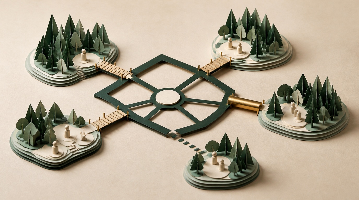 A paper ecosystem map shows aligned roles, dependencies, and a visible bottleneck.