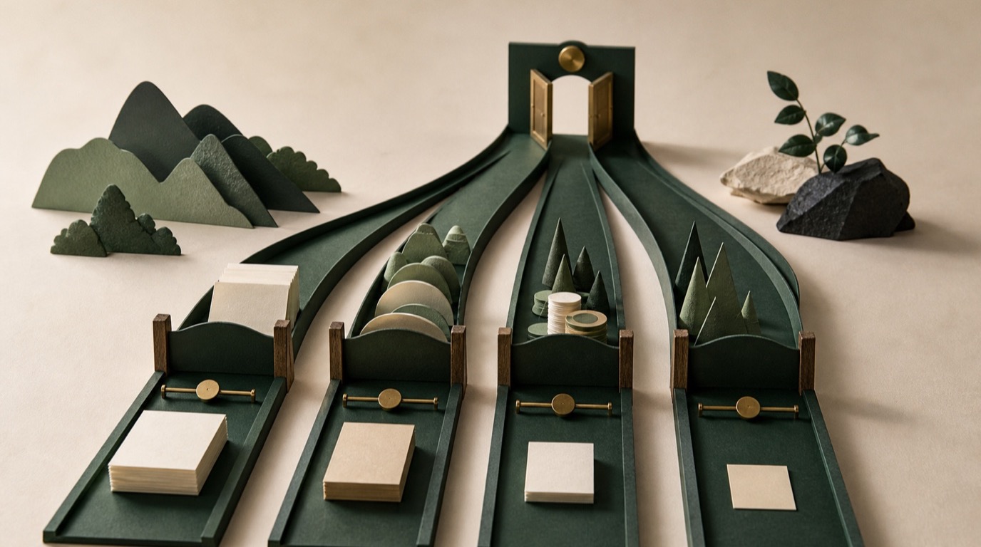 A handcrafted paper measurement board separates four economic objects before an outcome check.