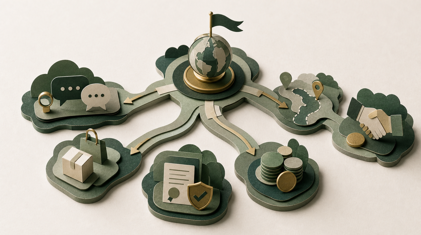 A paper market map branches from localization into language, offer, proof, price, route, and commitment decisions.