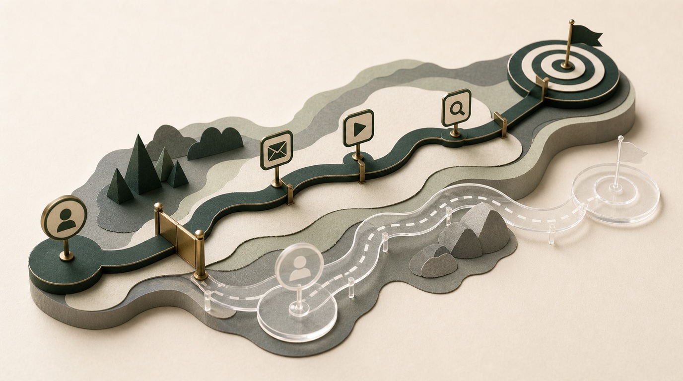 Observed touchpoints follow one path while a transparent holdout path shows the counterfactual