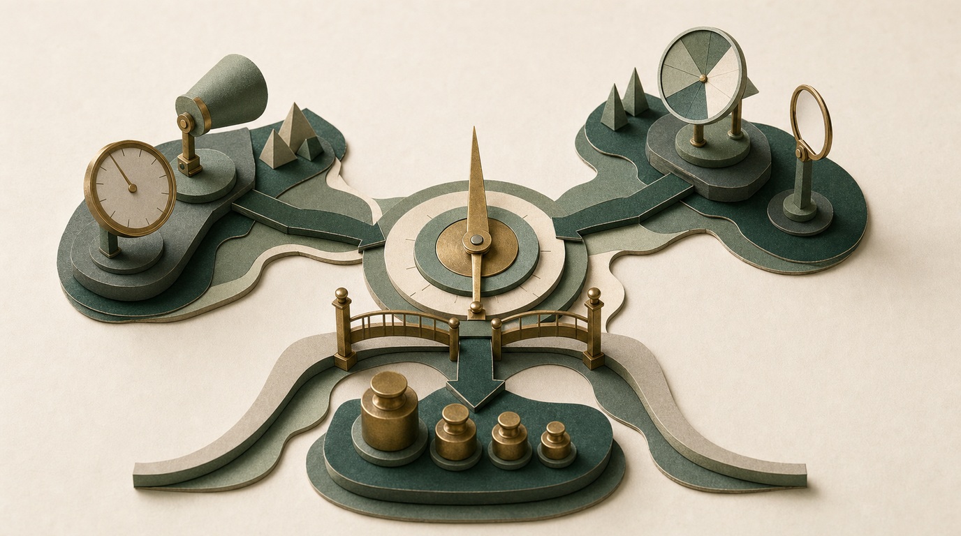 Measurement instruments converge across a paper bridge on a calibrated brass dial