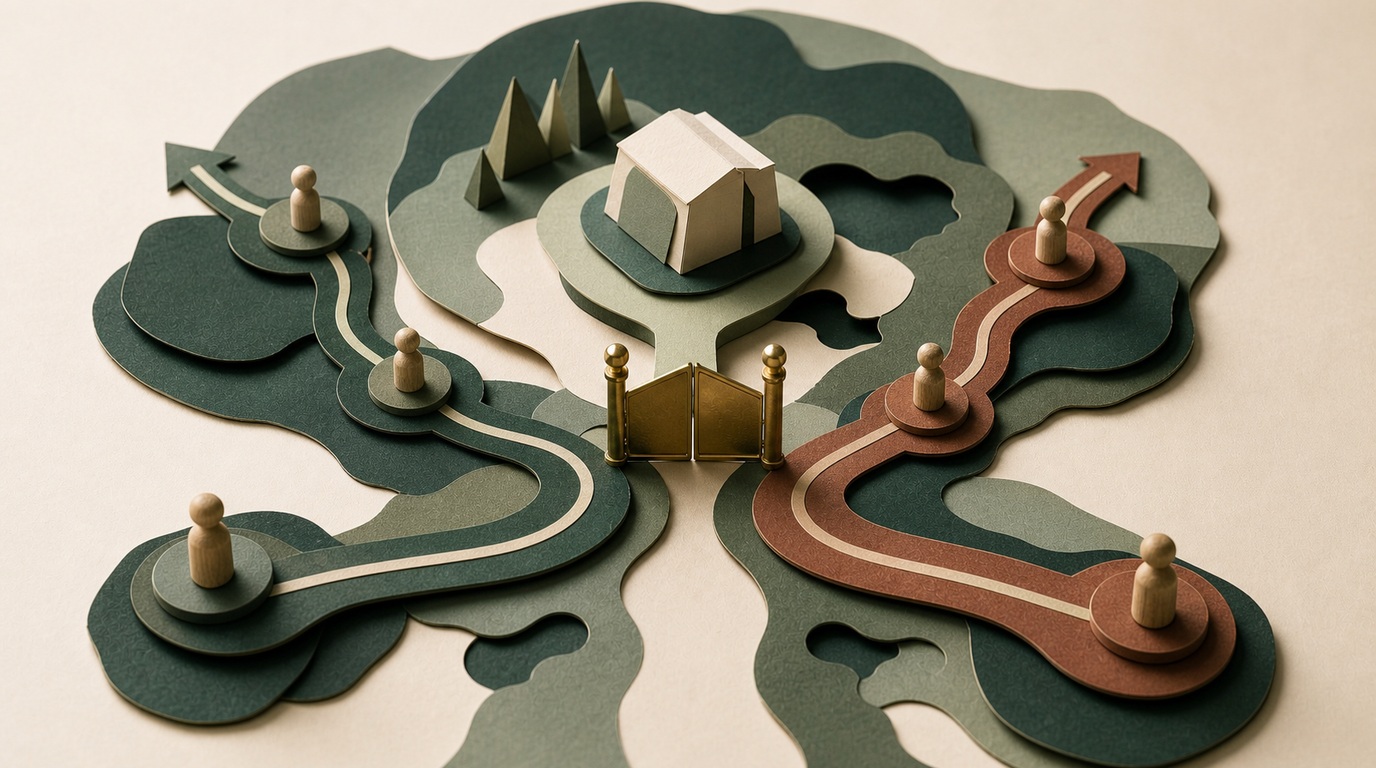 Two paper paths take different routes around the same geometric brand object, one open and one ending at a blank edge.