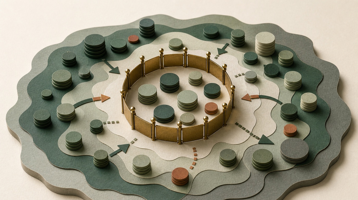 A fixed brass cohort boundary holds expanding and contracting customer tokens