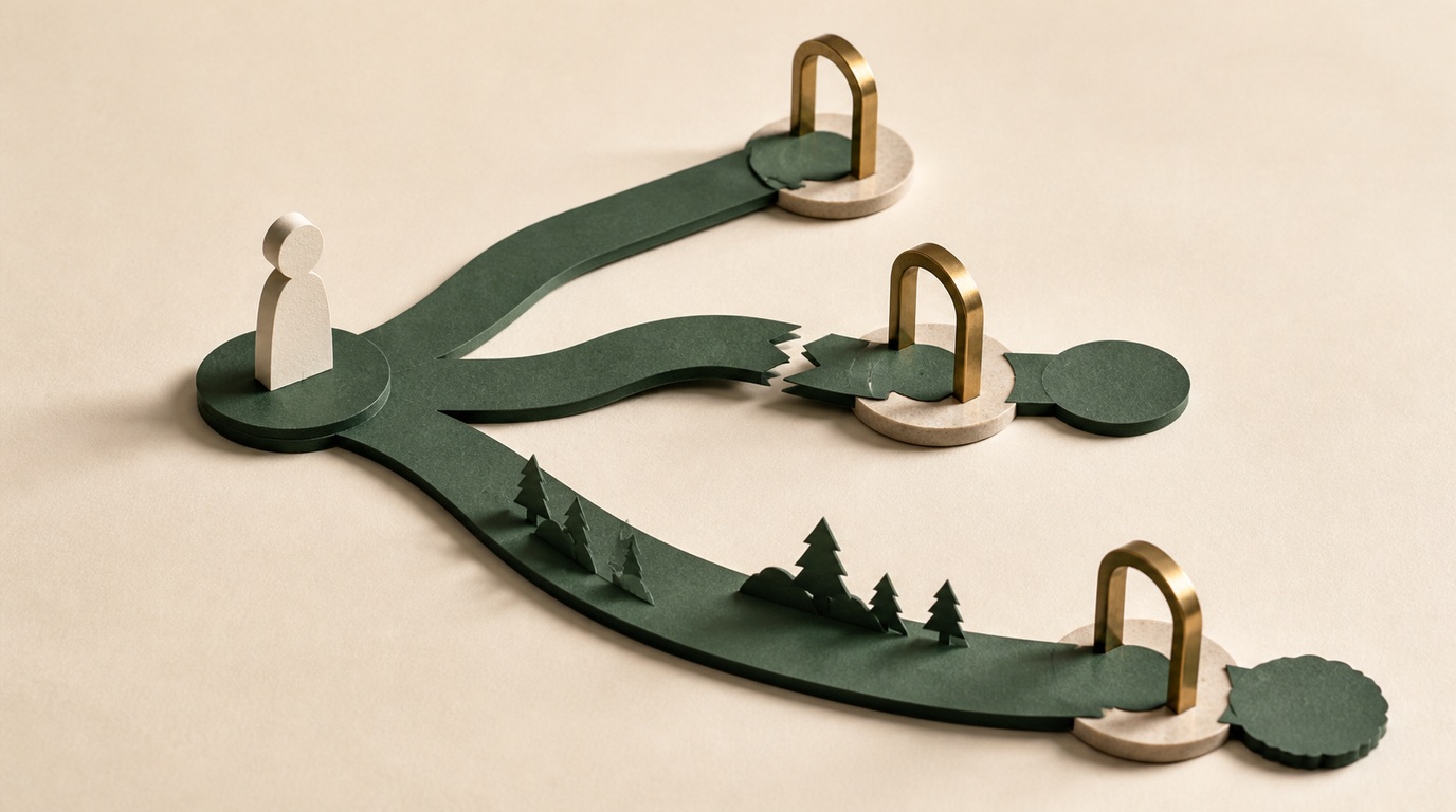 A paper customer path separates purchase, defection, and profitability outcomes.