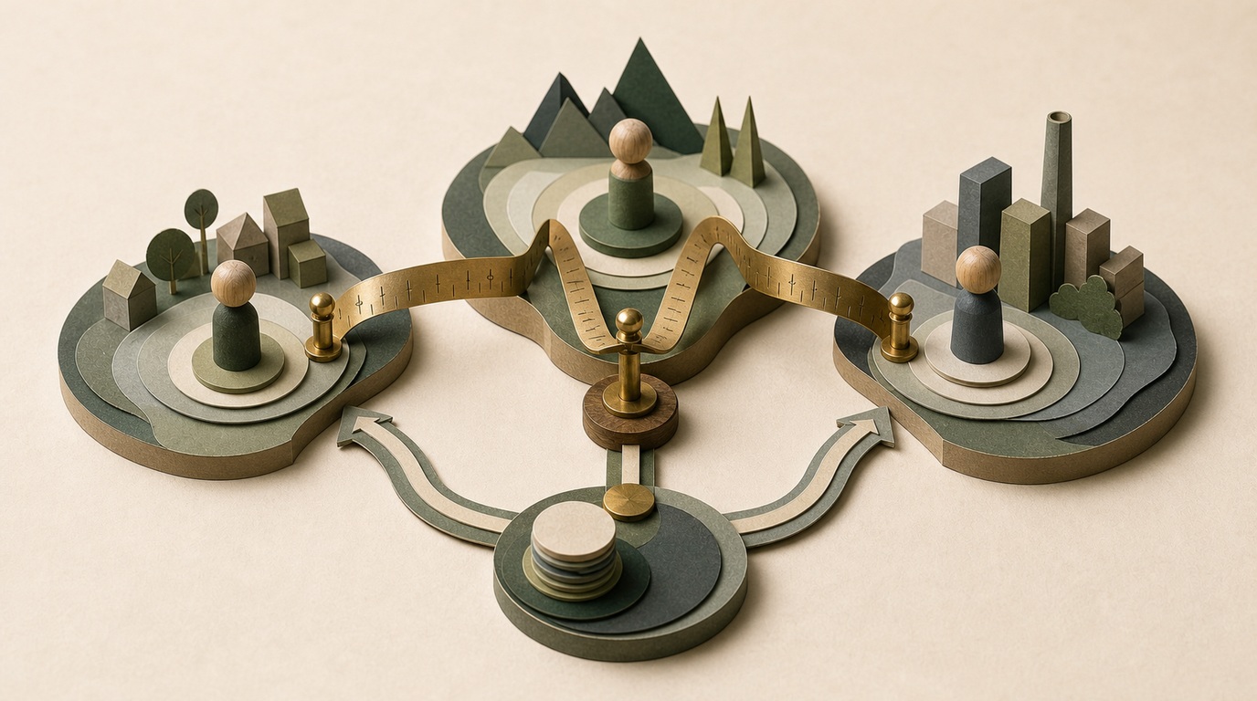 A brass measuring ribbon bends between different customer platforms in a paper diorama