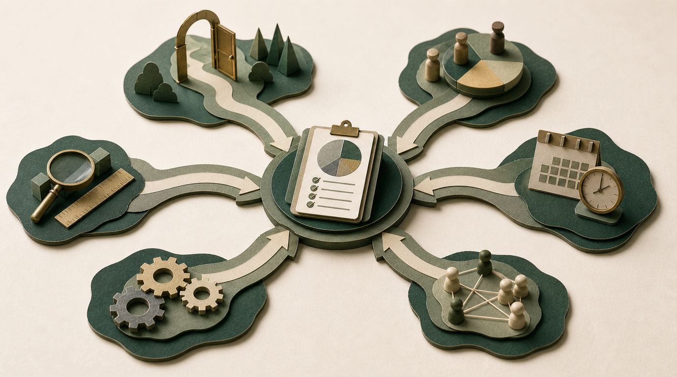 A paper result card is connected to separate paths for opportunity, allocation, timing, relationships, capacity, and measurement.