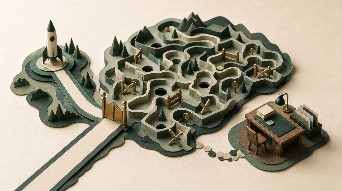 A handmade paper maze separates a customer-work path from a detached sales work surface.