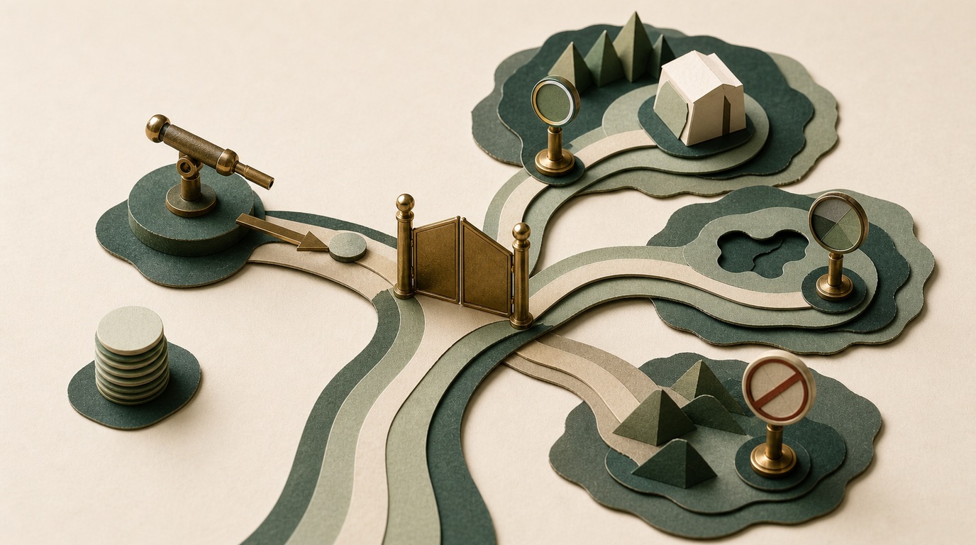Three scenario paths converge at a brass resource gate with a review checkpoint