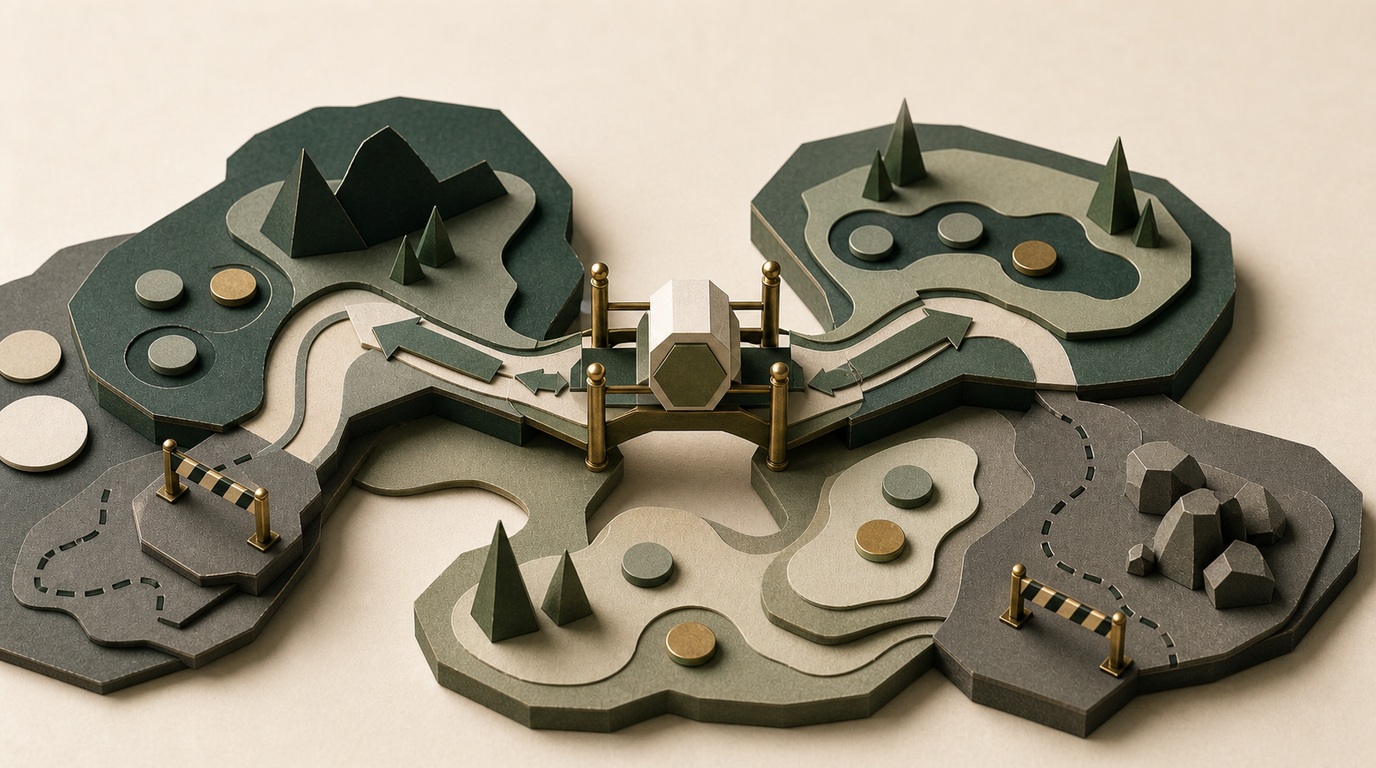 A paper game path turns a geometric brand object into a bridge between two play areas.