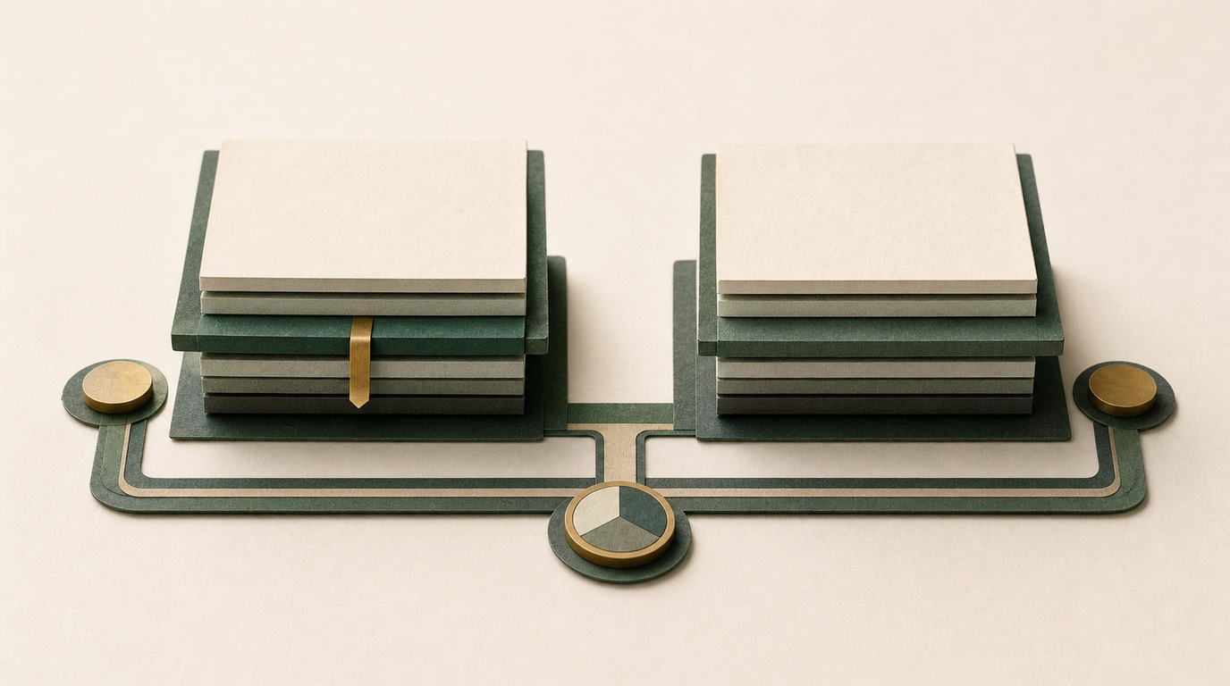 Two identical paper stacks side by side. The same inner layer has been replaced in both, and only the left one still carries a ribbon marking that it happened.
