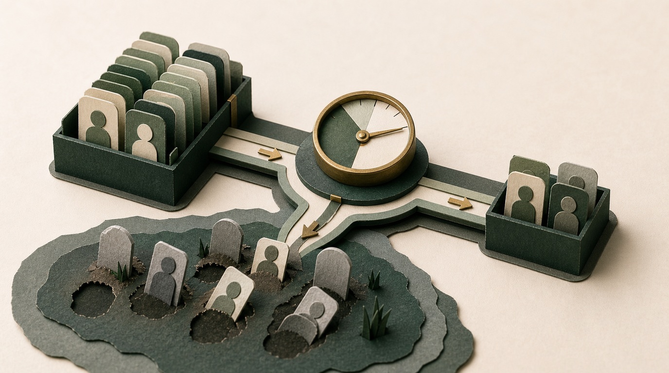 A layered isometric paper structure with open floors, stairs and small chart cards, built and photographed by hand.