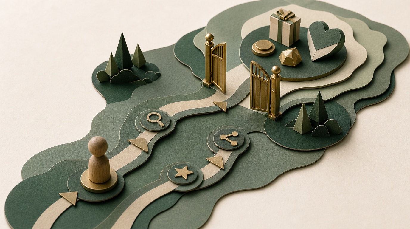 A paper player token follows a useful path through steps and a gear toward an open brass gate.