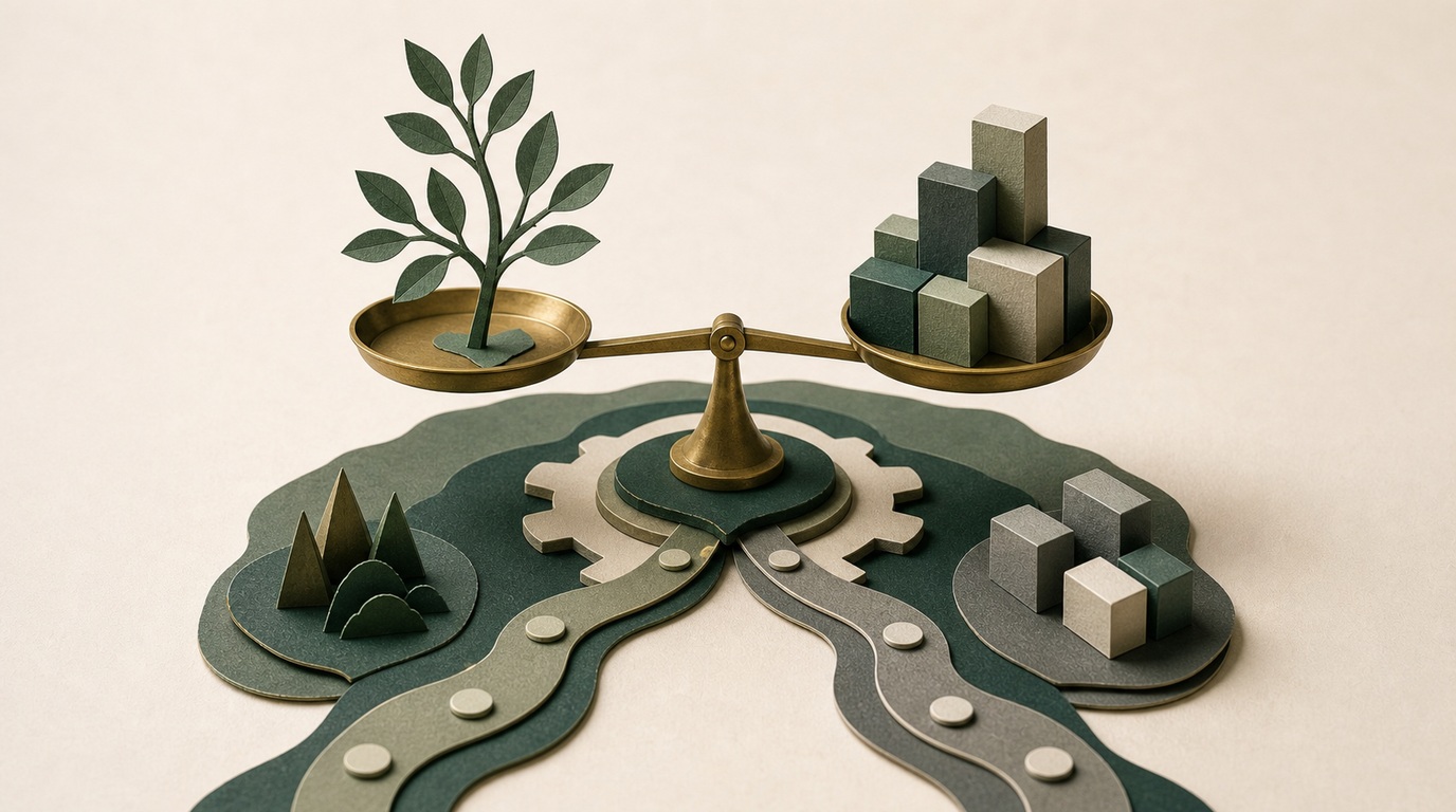A brass balance holds a paper growth branch against stacked margin blocks