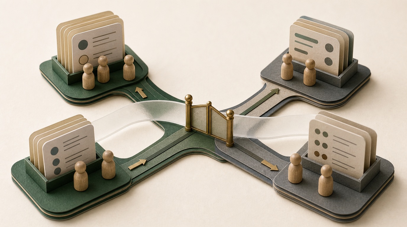 Four paper survey stations meet at a translucent price threshold ribbon