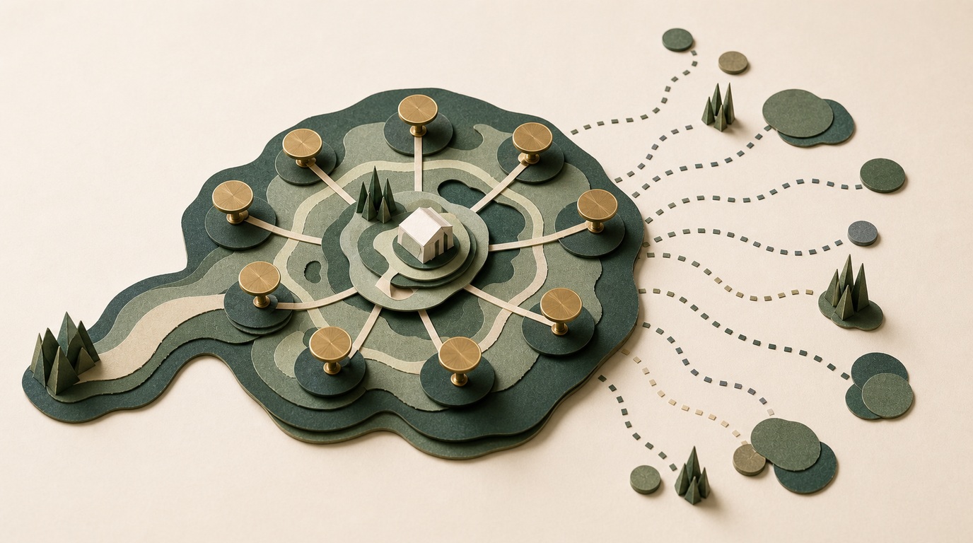 Ten paper observation markers surround a stable game landscape while a trail of reaction tokens fades away.