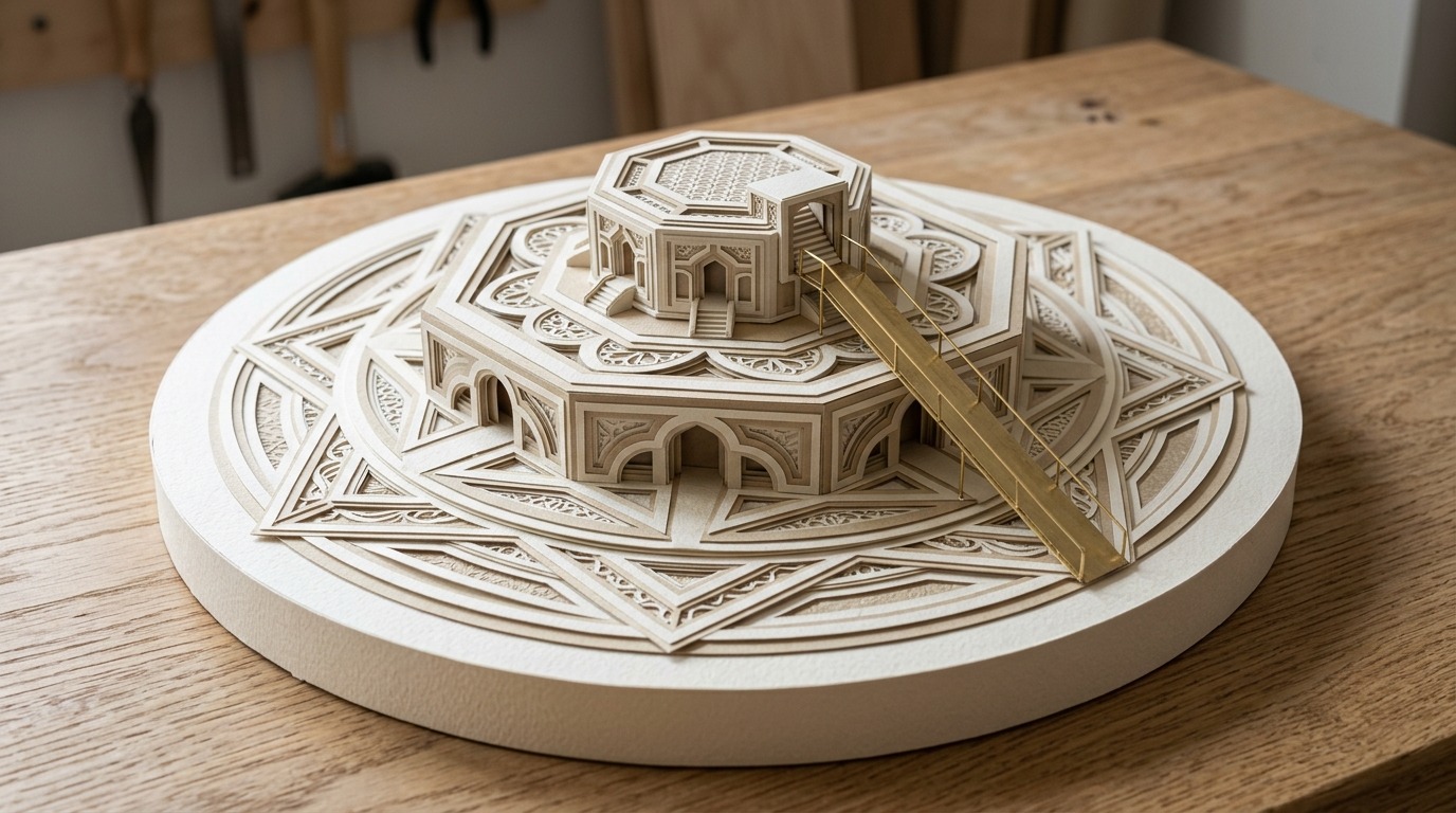 A handcrafted paper diorama sculpture illustrating a concentric tiered platform separating total addressable market from obtainable market capacity.