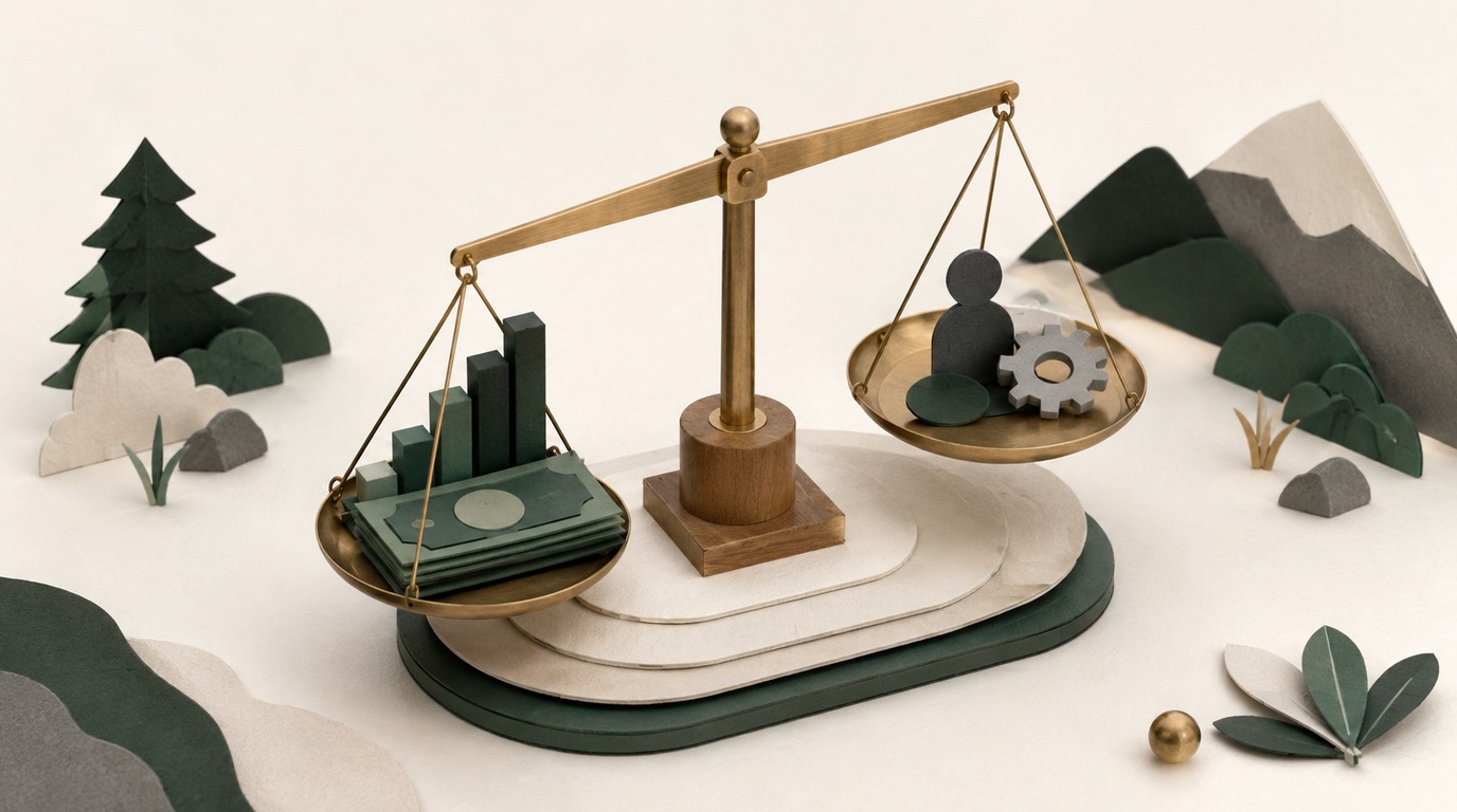 A calibrated balance scale weighing direct customer revenue against fully loaded servicing costs and acquisition capital