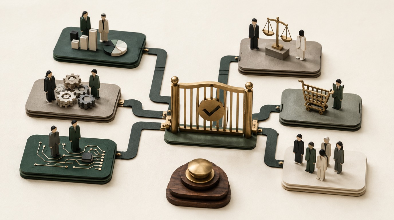 An enterprise boardroom stakeholder topology mapping decision rights, evaluation criteria, and veto powers across executive roles