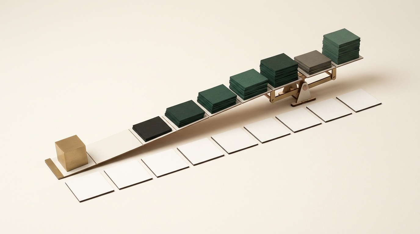 A paper balance scale and ramp mechanism balancing an initial brass deficit against stacked paper contribution slabs