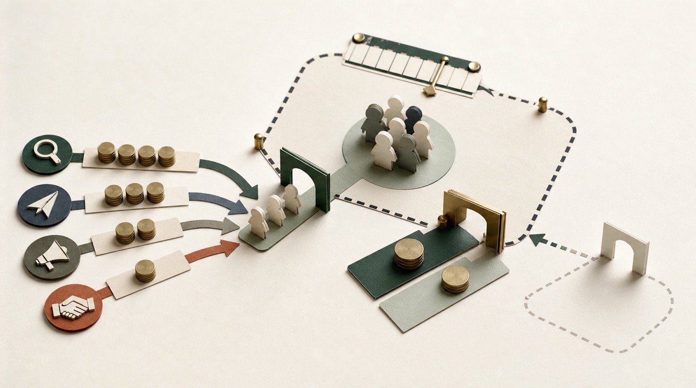 A paper customer cohort passes through a cost boundary beside an empty counterfactual path