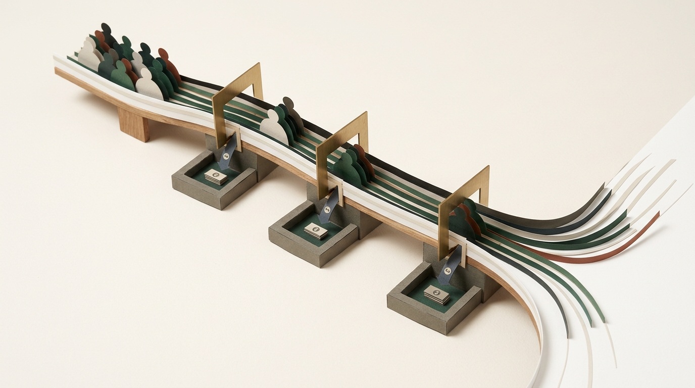 A paper customer cohort traverses a curved contribution aqueduct with discounting gates