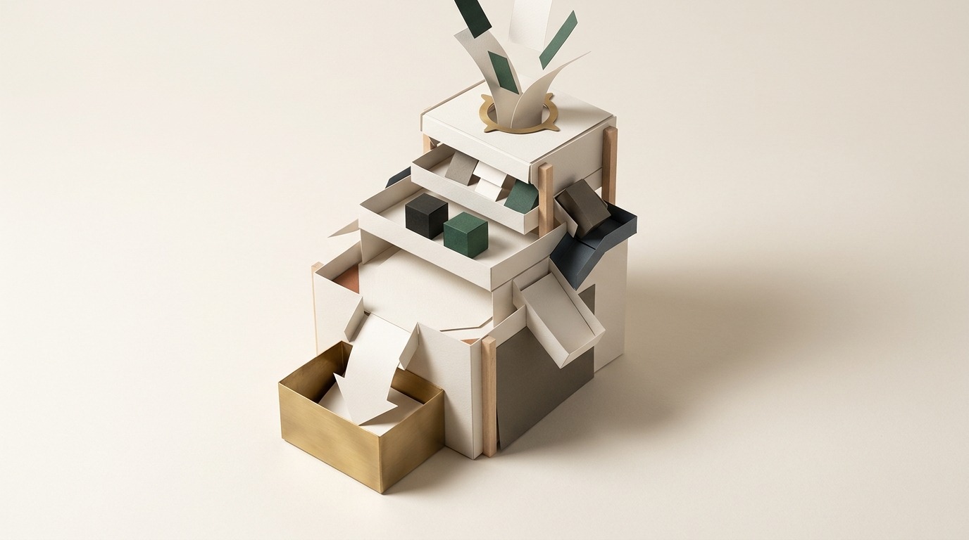 A handcrafted paper diorama sculpture illustrating a tiered filter system separating variable cost fragments from solid contribution margin blocks.