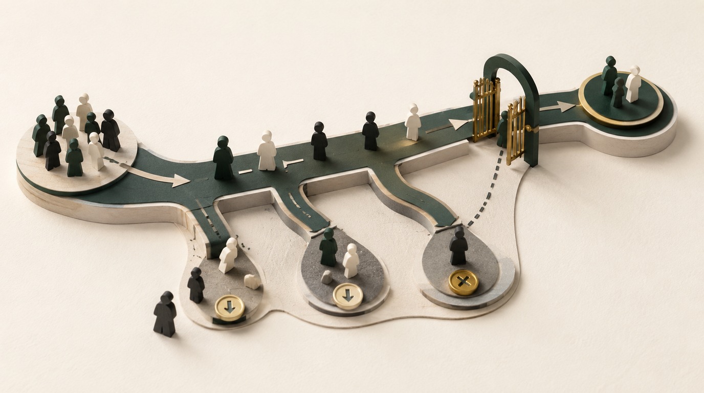 A dual-track mechanical counting gate sorting departing customer tokens by revenue volume and cancellation rationale