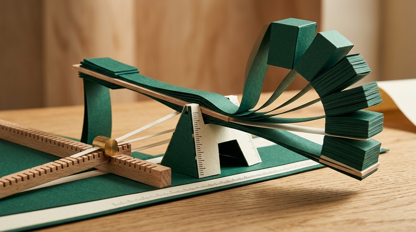 A handcrafted paper diorama sculpture illustrating a calibrated balance beam and fulcrum showing proportional volume response to price shifts.