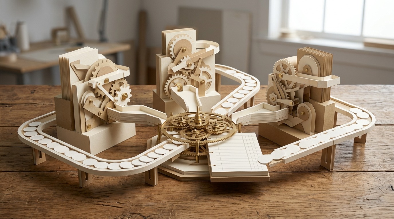 A handcrafted paper diorama sculpture illustrating three aligned mechanical paper modules feeding a central brass planetary gear and revenue ledger.