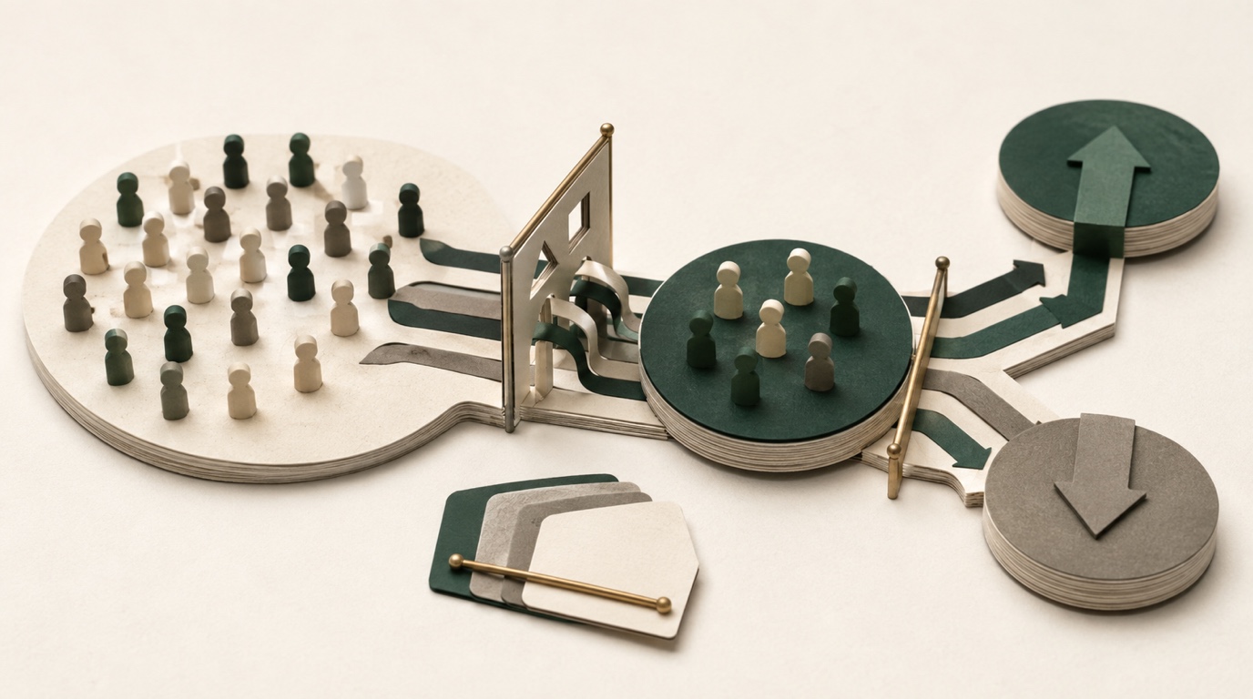 An eligibility ledger separates the target population from the inclusion mechanism, selected sample, and design response.