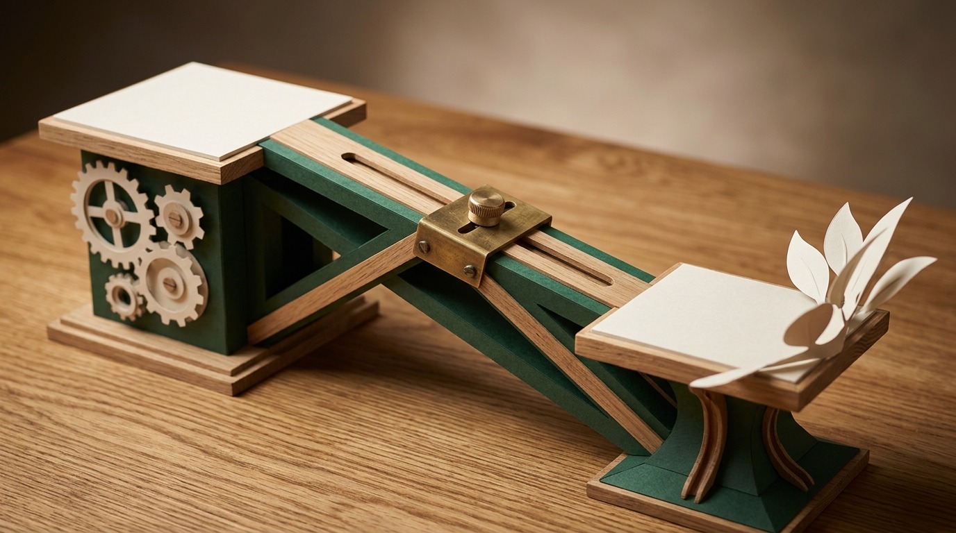 A handcrafted paper diorama sculpture illustrating a value-sharing bridge connecting customer economic surplus with vendor price realization.