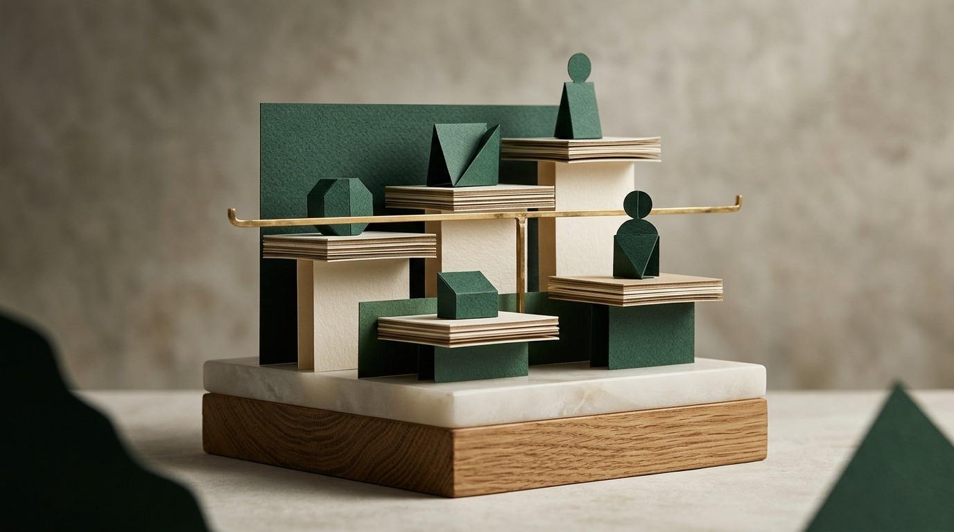 A handcrafted paper diorama sculpture showing calibrated tiered platforms and a brass balance bar testing buyer reservation thresholds.