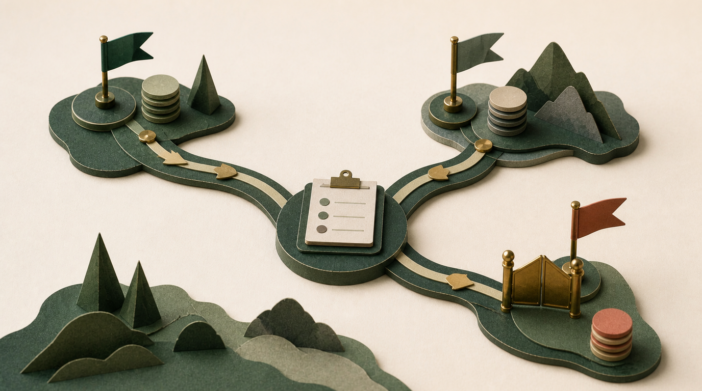 Three outcome paths converge on a paper win-loss ledger, with one path ending before a decision.